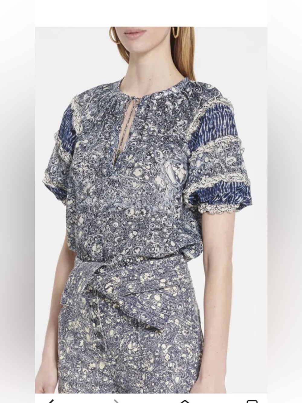 Ulla Johnson Aiko Top in Indigo Navy and White Paisley V-Neck Puff Sleeve Blouse - Picture 6 of 7